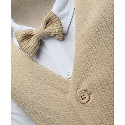 Babyhug Knit Full Sleeves Solid Colour 3 Piece Party Suit with Bow - Beige