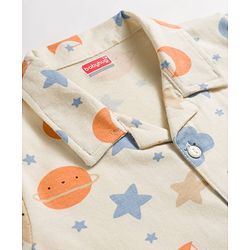 Babyhug Cotton Knit Full Sleeves Front Open Moon & Star Printed Co-Ords Shirt & Pyjama Night Suit - Cream