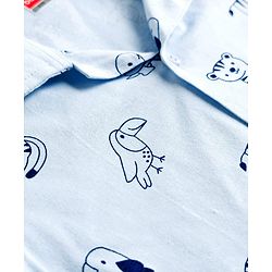 Babyhug Cotton Knit Full Sleeves Shirt & Pyjama Co-ord Night Suit With Animal Print - Light Blue
