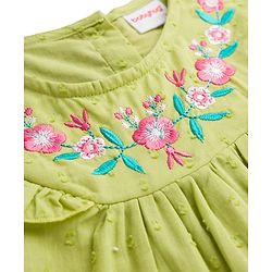 Babyhug Cotton Swiss Dot Woven Half Sleeves Floral Embroidered Top - Olive Green