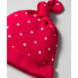 Babyhug 100% Cotton Knit Cap, Mittens & Booties Set with Star Print Red - Diameter 10.5 cm