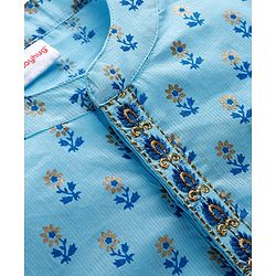 Babyhug Cambric Woven Full Sleeves Kurta Dhoti Set with Lurex Bobby Floral Print - Light Blue