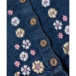 Babyhug Denim Half Sleeves Top & Pant Set With Inner Tee & Floral Embroidery - Navy Blue & Pink