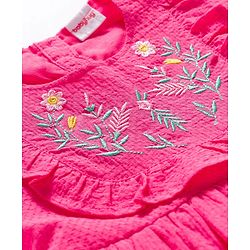 Babyhug Twill Woven Sleeveless Floral Embroidered Frock with Frill Detailing - Pink