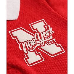 Babyhug 100% Cotton Knit Half Sleeves Text Printed Polo T-Shirt & Denim Shorts Set - Red & Blue