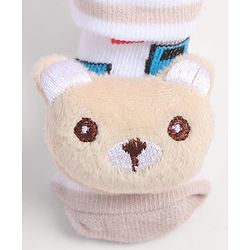 Cute Walk by Babyhug Fabric Ankle Length Socks Shoes with Train Design & Kitten Applique- Biege