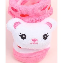 Cute Walk by Babyhug Fabric Ankle Length Socks Shoes with Heart Design & Bear Applique- Pink