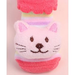 Cute Walk by Babyhug Fabric Ankle Length Socks Shoes with Striped Design & Kitten Applique- Pink