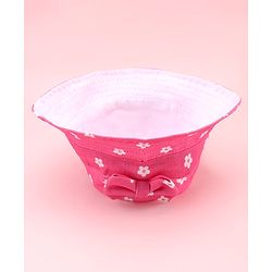 Babyhug Twill Woven Floral Printed Bucket Cap With Bow Applique Dark Pink - Diameter 16 cm