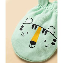 Babyhug 100% Cotton Knit Animal Printed Mittens & Booties Set - Light Green