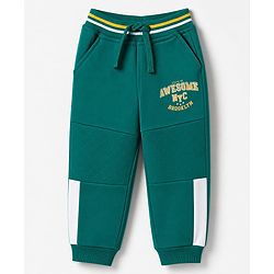 Babyhug Cotton Terry Knit Full Length Lounge Pant with Awesome Nyc Text Print - Green