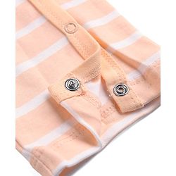 Babyhug 100% Cotton Knit Full Sleeves Front Open Striped Romper with Bear Print - Brown