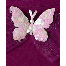 Babyhug Single Jersey Singlet One Piece Glittery Frock with Bow & Butterfly Applique - Wine