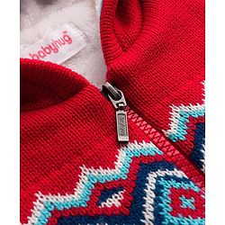 Babyhug Knit Full Sleeves Front Open Hooded Sweater with Argyle Design -Red