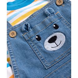 Babyhug Single Jersey Knit Half Sleeves Striped Tee With Bear Face Embroidered Denim Dungaree - Blue & White
