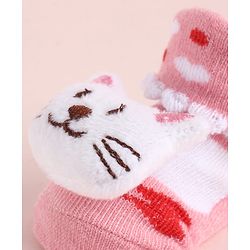 Cute Walk by Babyhug Fabric Heart Socks Shoes With Large Cat Applique - Pink