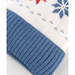 Babyhug Knit Woollen Cap With Pom Pom & Floral Design Blue - Diameter 13 cm