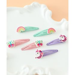 Babyhug Free Size Snap Hair Clips with Rainbow, Butterfly, Unicon Applique pack of 6 - Multicolor