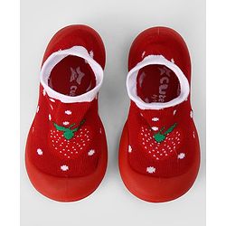Cute Walk by Babyhug Slip On Sock Shoes With Strawberry Design - Red & White