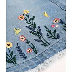 Babyhug Denim Woven Frock and Inner Tee with Half Sleeves and Floral Embroidery - Blue