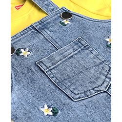 Babyhug Woven Half Sleeve Denim Floral Embroidered Frock with Inner Tee - Blue