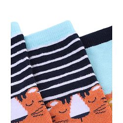 Cute Walk by Babyhug Knit Anti-Bacterial Ankle Length Striped Socks With Animal Design Pack of 3 - Black & Sky Blue