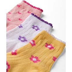 Cute Walk by Babyhug Knit Ankle Length Antibacterial Socks with Floral Design - Pink & Yellow