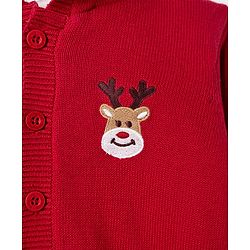 Babyhug Fur- Lined Knit Full Sleeves Hooded Sweater with Rain Deer Embroidery - Red