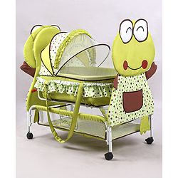 Babyhug Froggy Print Cradle with Mosquito Net and Swing Lock function - Green| Storage Basket| Wheels with Lock| Easy Assembly