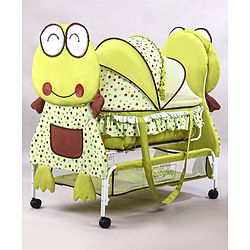Babyhug Froggy Print Cradle with Mosquito Net and Swing Lock function - Green| Storage Basket| Wheels with Lock| Easy Assembly