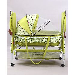 Babyhug Froggy Print Cradle with Mosquito Net and Swing Lock function - Green| Storage Basket| Wheels with Lock| Easy Assembly