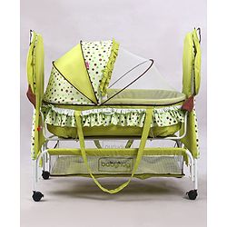 Babyhug Froggy Print Cradle with Mosquito Net and Swing Lock function - Green| Storage Basket| Wheels with Lock| Easy Assembly