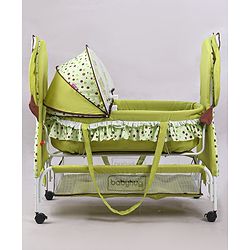 Babyhug Froggy Print Cradle with Mosquito Net and Swing Lock function - Green| Storage Basket| Wheels with Lock| Easy Assembly