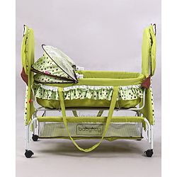 Babyhug Froggy Print Cradle with Mosquito Net and Swing Lock function - Green| Storage Basket| Wheels with Lock| Easy Assembly