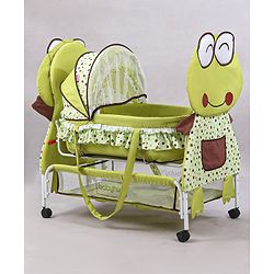 Babyhug Froggy Print Cradle with Mosquito Net and Swing Lock function - Green| Storage Basket| Wheels with Lock| Easy Assembly