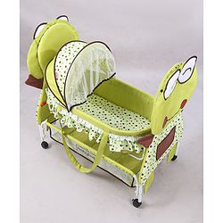 Babyhug Froggy Print Cradle with Mosquito Net and Swing Lock function - Green| Storage Basket| Wheels with Lock| Easy Assembly