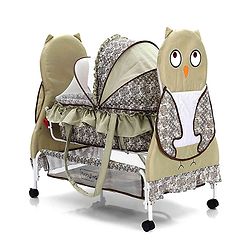 Babyhug Owl Print Cradle with Mosquito Net and Swing Lock function - Green| Storage Basket| Wheels with Lock| Easy Assembly