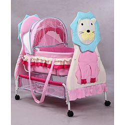 Babyhug Lion Print 2 in 1 Cradle cum bassinet with Mosquito Net and Swing Lock function - Pink