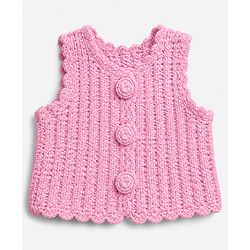 Babyhug Premium Woolen Dress with Sleeveless and Flower Applique & Cap in Pink