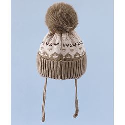 Babyhug Woollen Cap with Ear, Knot & Pom Pom with Bear Applique Olive Green - Diameter 18 cm