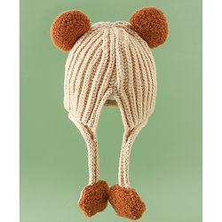 Babyhug Woollen Pom Pom Cap With Bear Design Brown - Diameter 11 cm