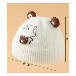 Babyhug Woollen Pom Pom Cap With Bear Design Off White - Diameter 9 cm