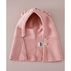 Babyhug Front Open Monkey Cap with Bear Applique & Patch Pink - Diameter 28.5 cm