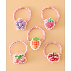 Babyhug Hair Rubber Bands With Strawberry Applique Pack of 5 Free Size - Pink