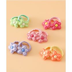 Babyhug Hair Rubber Bands Free Size With Floral Applique Pack Of 5 - Pink , Green & Orange