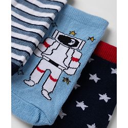 Cute Walk By Babyhug Non Terry Knit Anti Bacterial Ankle Length Striped Socks With Star & Astronaut Design Pack of 3 - Black, Sky Blue & Red