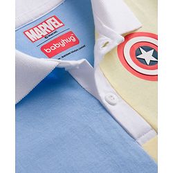 Babyhug Marvel Single Jersey Knit Half Sleeves Cut & Sew Designed Polo T-Shirt with Avengers Badge Detailing - Blue & White