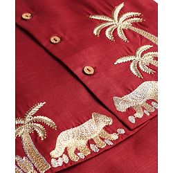 Babyhug Rayon Woven Full Length SOLID Kurta & Pyjama Set With Palm Tree Embroidered Jacket - Maroon