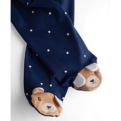 Babyhug Cotton Knit Full Sleeves Sleep Suit with Bear & Polka Dots Print - Navy Blue