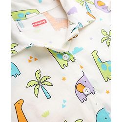 Babyhug Cotton Interlock Knit Full Sleeves Front Open Co-ord Shirt & Pajama Night Suit with Elephant Dinosaur Trees Print - White